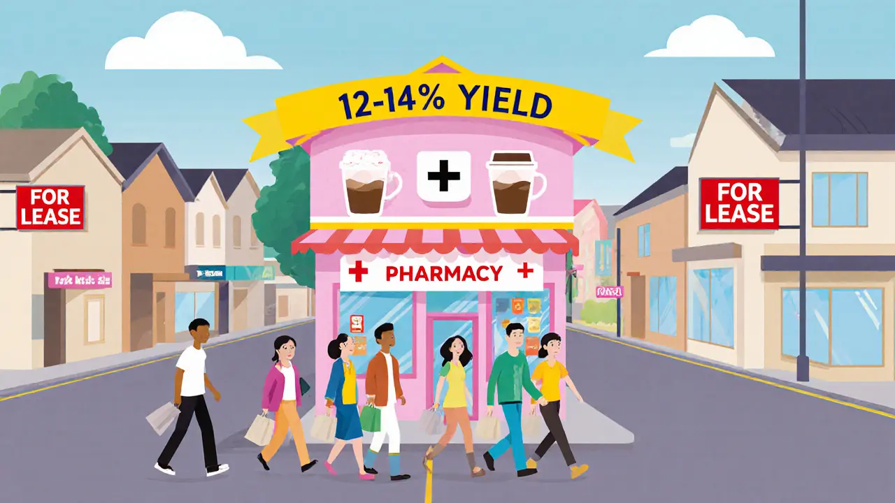 Малый магазин в жилом районе с семьями и символами ритейла