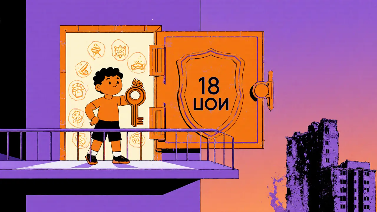 Ребёнок на балконе нового дома, ключ-щит, за ним — сейф с деньгами и надписью &#039;18 лет&#039;