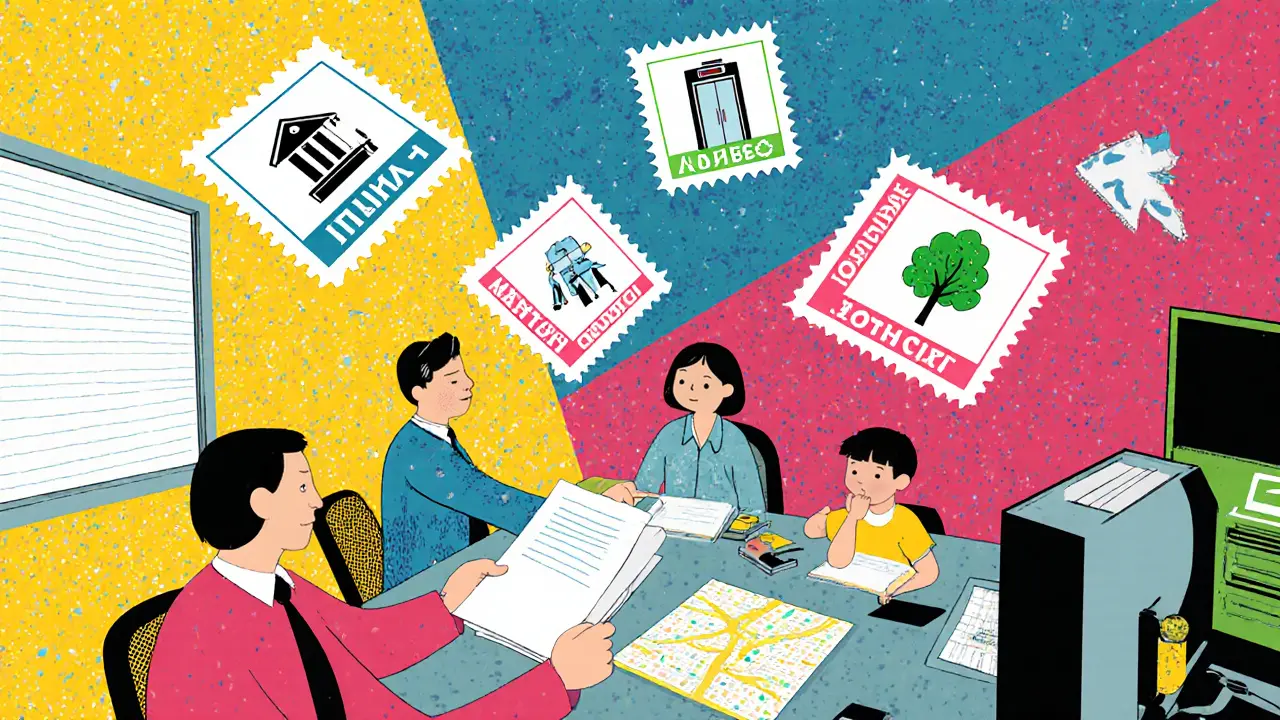 Родители перед бюро опеки с документами, символами школы, лифта и банка