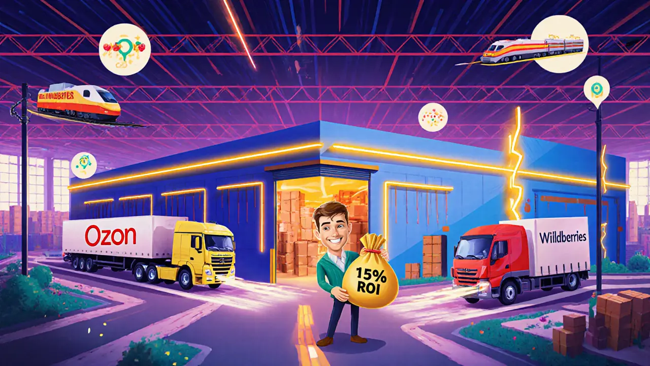 Современный склад с грузовиками и логистическими символами на фоне трассы