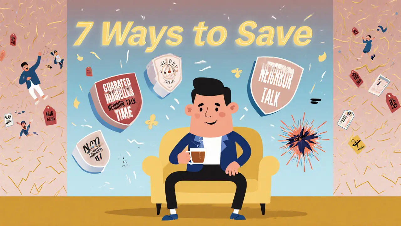 Спокойный покупатель за чаем окружен щитами защиты от мошенников и спешки.