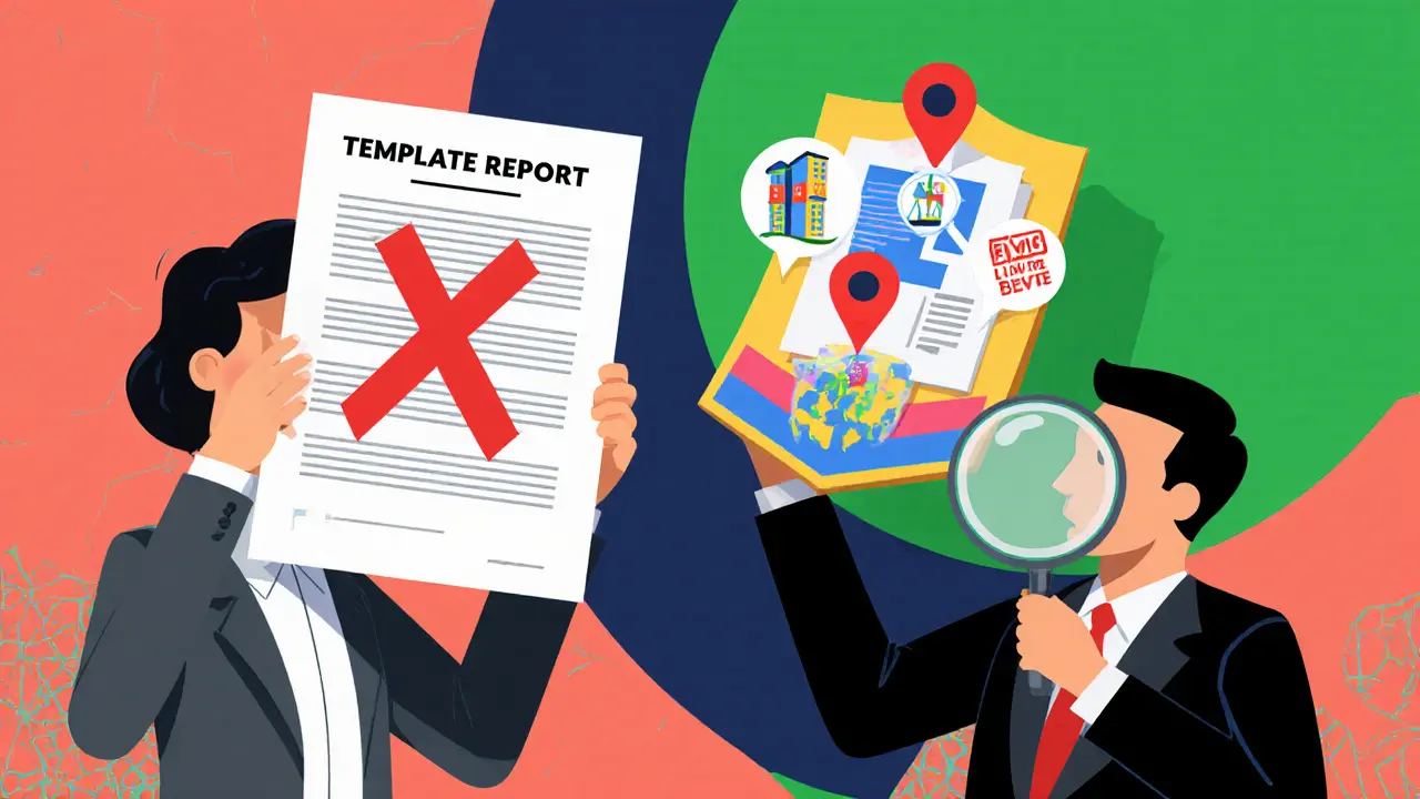 Судебная сцена: профессиональный отчет как щит против шаблонного, отмеченного красным крестом.