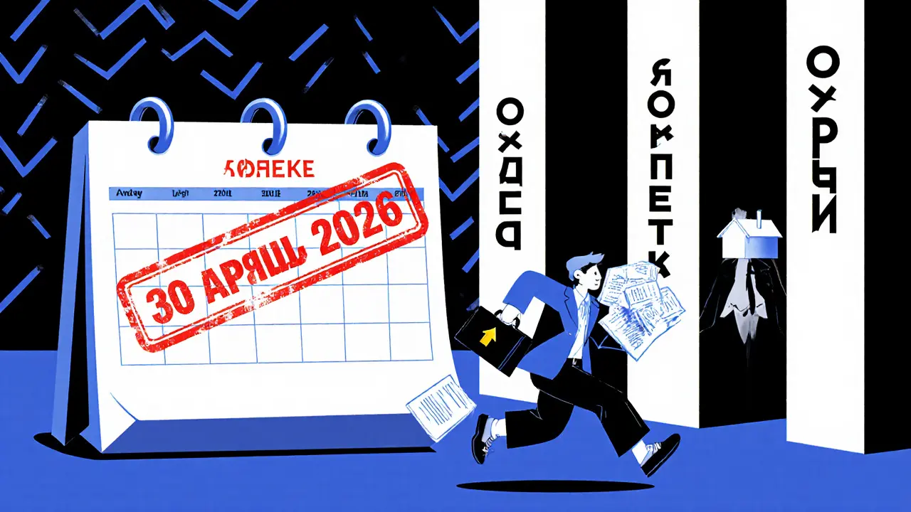 Человек спешит подать декларацию до 30 апреля 2026 года, а налоговая следит за ним в стиле Memphis.