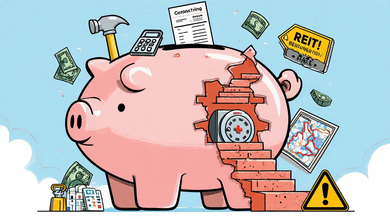 Кирпичный копилка раскалывается на три инвестиционных пути: аренда, рост цены и продажа, в ярком мемфисском стиле.