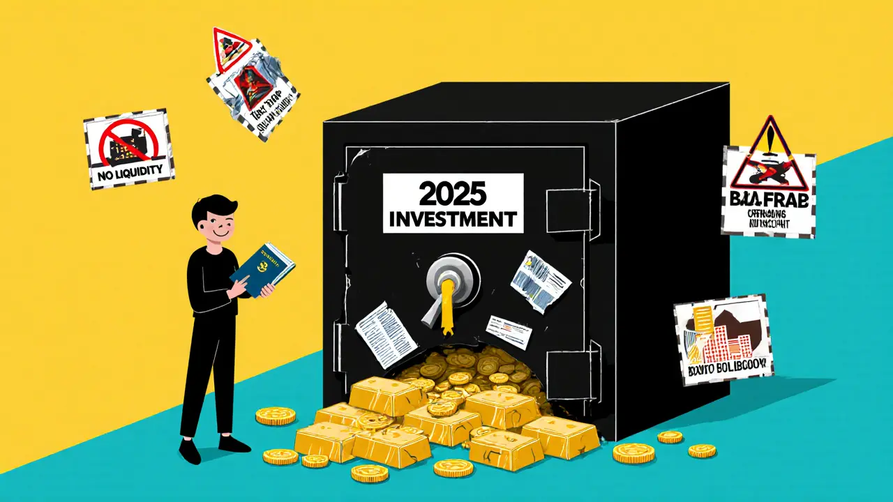 Разрушающийся сейф &#039;инвестиций&#039; с разливающимися активами, стиль Мемфис.