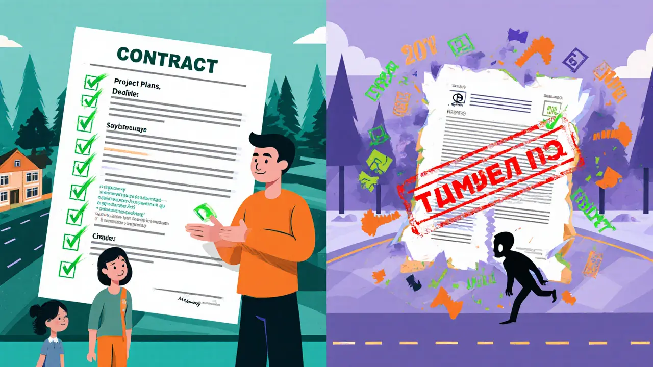 Справа — безопасная сделка с полным договором, слева — строитель исчезает среди фальшивых бумаг.