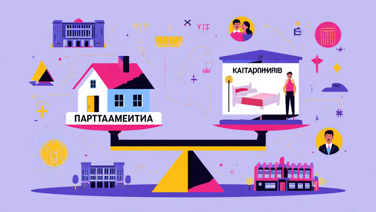 Весы, сравнивающие апартаменты и жилую квартиру, с символами инфраструктуры и арендаторов