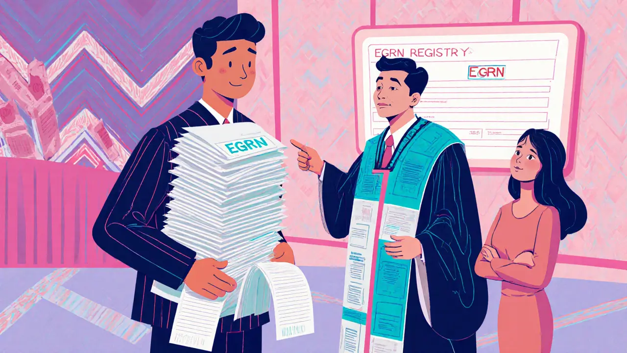 Мужчина с чеками в суде, а судья указывает на имя в реестре