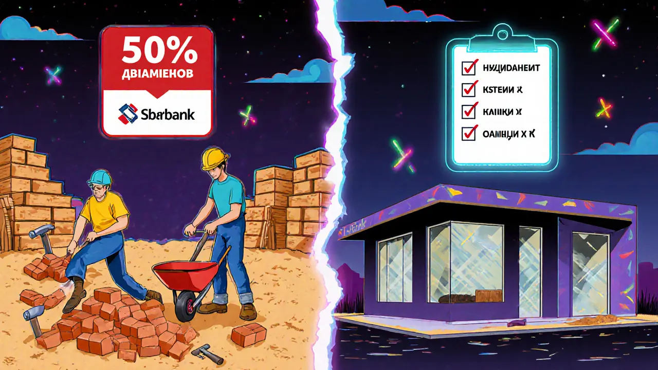 Пара строит дом сама слева, справа — современное строительство с эскроу-счетом и этапами стройки.