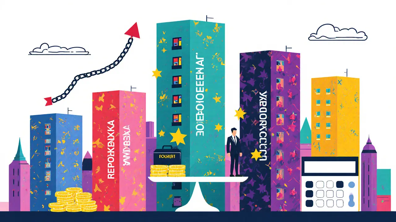 Пять зданий с разными методами учета, инвестор на весах балансирует деньги и калькулятор в ярком стиле.