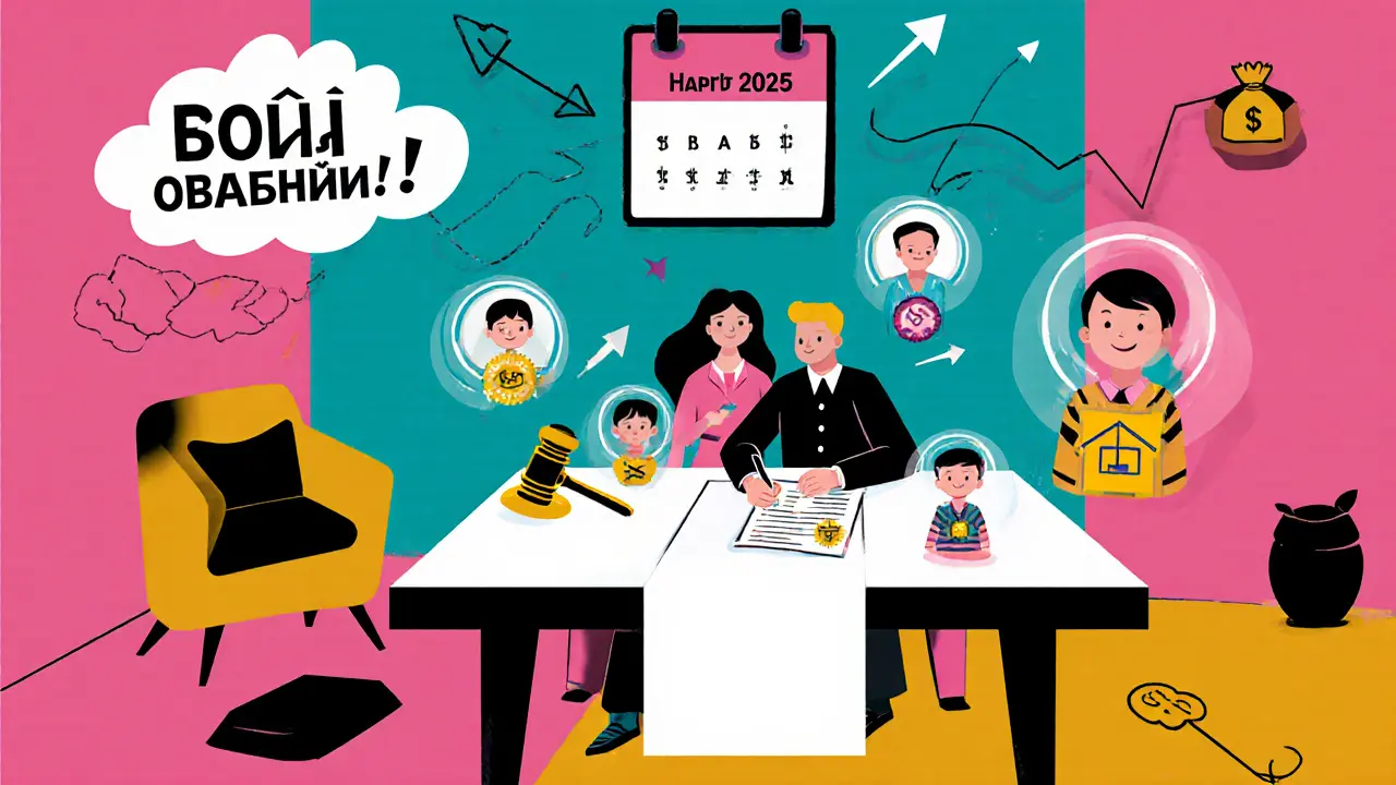 Семья подписывает обязательство о выделении долей детям, вокруг — цифровые иконки и растущие цены на строительство.