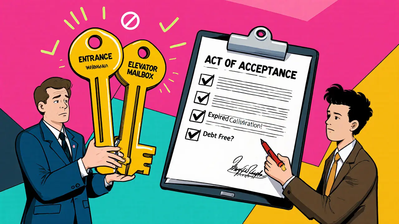 Продавец передает три крупных ключа покупателю, рядом — документ с подписью и предупреждениями о счетчиках.