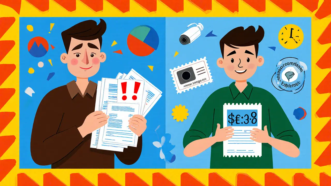 Сравнение: слева — долги и тревога, справа — фото счетчиков, видео и печать УК, все в ярком стиле Memphis.