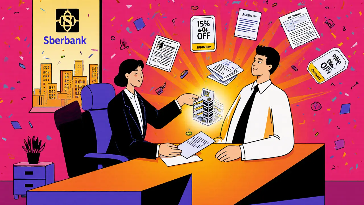Клиент заказывает оценку трёх квартир и получает скидку 15%, рядом — логотип банка и документы.