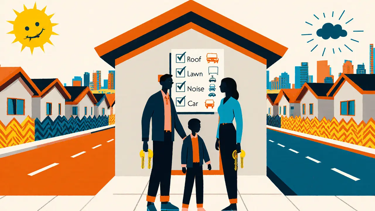 Семья перед таунхаусом с визуальным чек-листом: свобода, шум и расходы