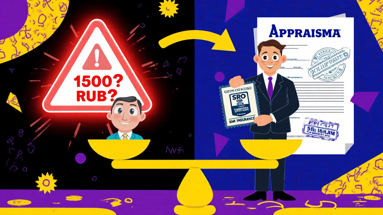 Сравнение дешёвой и безопасной оценки: красный предупреждающий знак против сертифицированного специалиста.