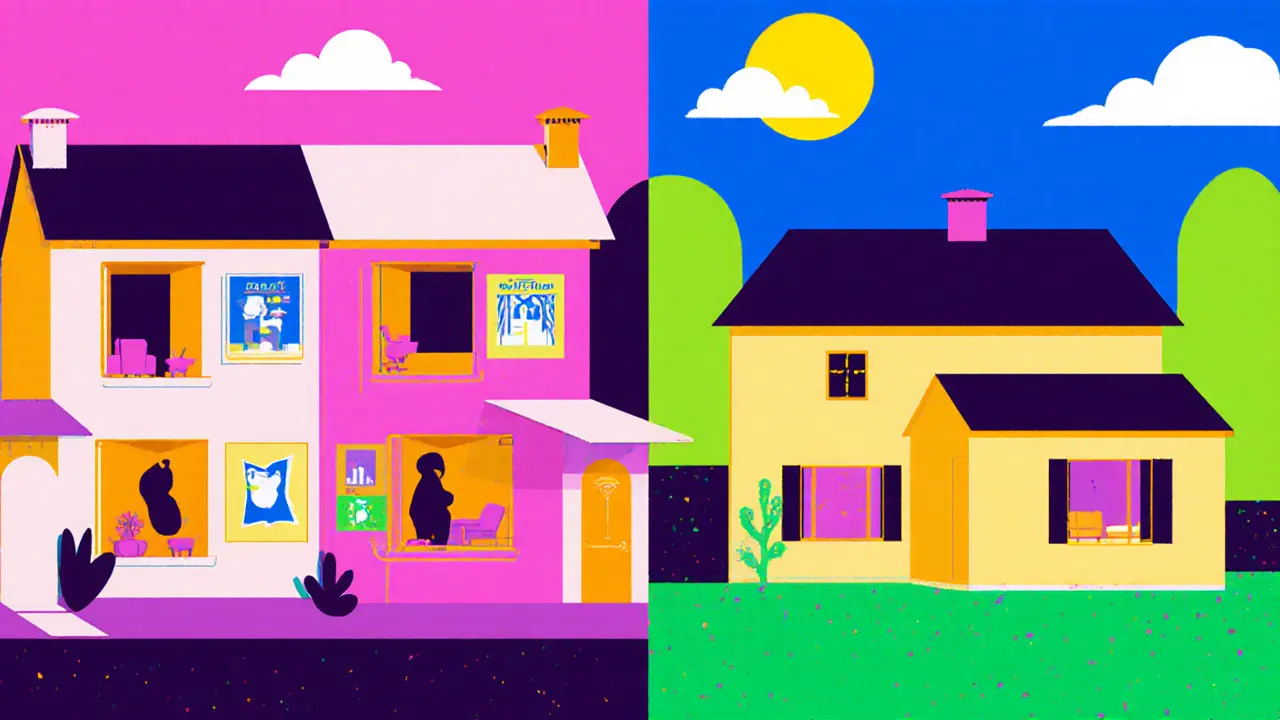 Сравнение таунхауса и коттеджа в стиле мемфис: разные крыши, стены и участки