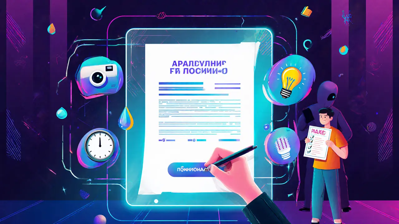 Электронный акт приема-передачи на голографическом экране с анимированными иконками в стиле мемфис, 2025 год.