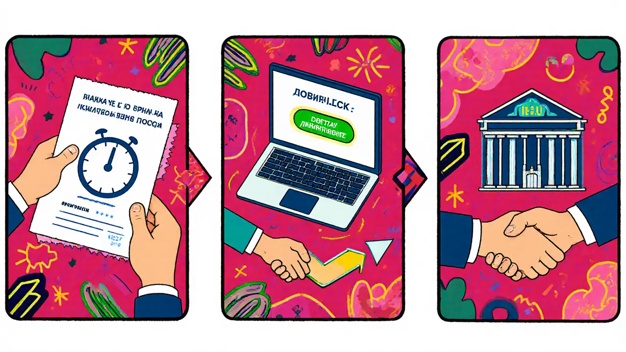 Комикс-шаги: справка, заявление онлайн и перевод денег напрямую банку в стиле Мемфис