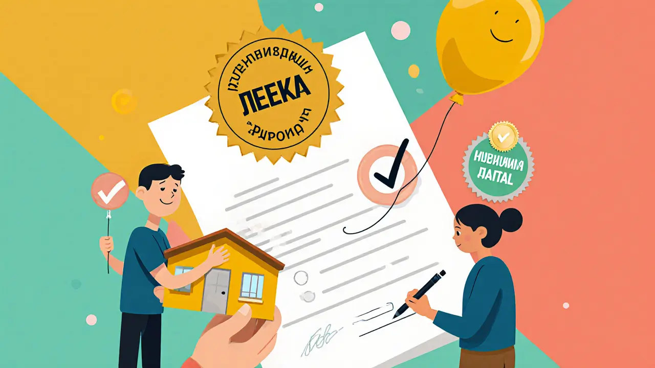 Родитель с ребенком подписывает документы, опека одобряет, фон в стиле Мемфис