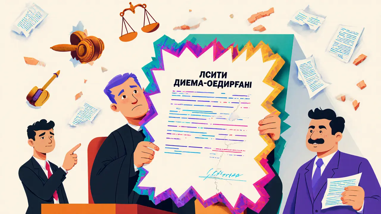 Судья рассматривает акт приема-передачи, покупатель указывает на трещину, продавец пожимает плечами в ярком мемфис-стиле.