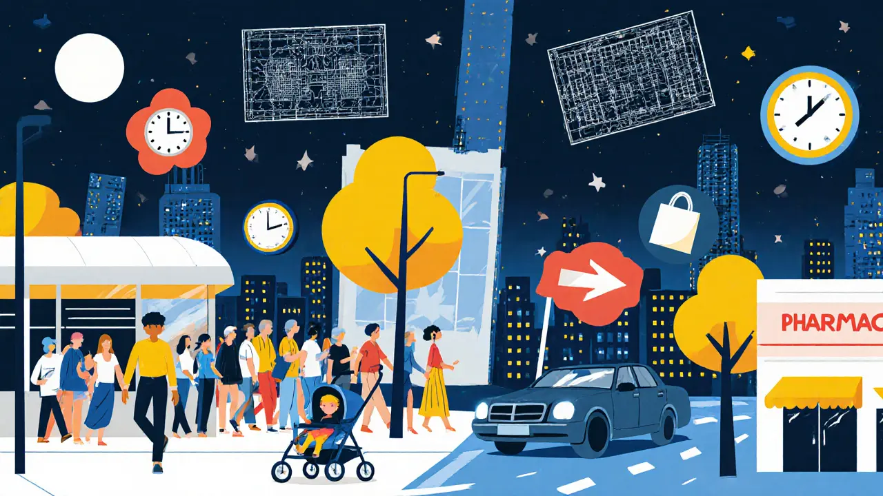 Человек проверяет район: автобус, пробки, аптека ночью — с плавающими иконками.