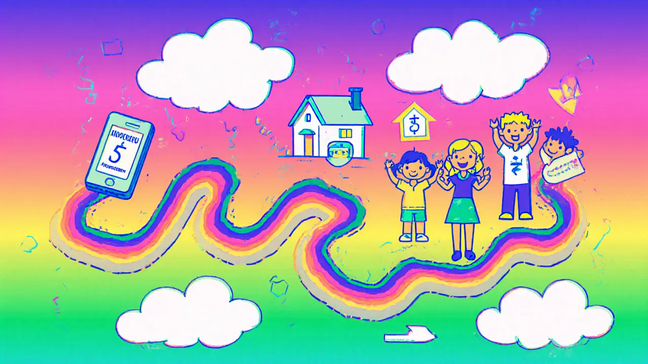 Цветная дорожка из этапов покупки квартиры без ипотеки, завершающаяся детьми с домами