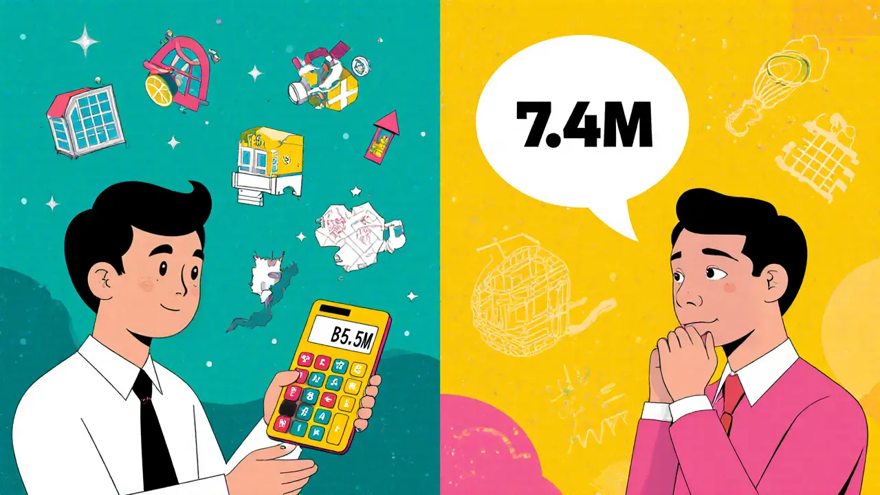 Диалог покупателя и продавца с калькулятором и падающей ценой, мемфис-стиль