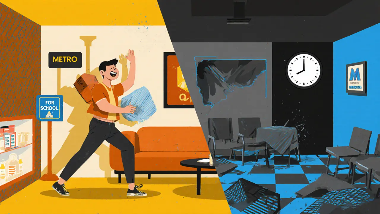 Две сцены: счастливый арендатор в хорошем районе и заброшенная квартира с пыльным знаком &#039;Продается&#039;.