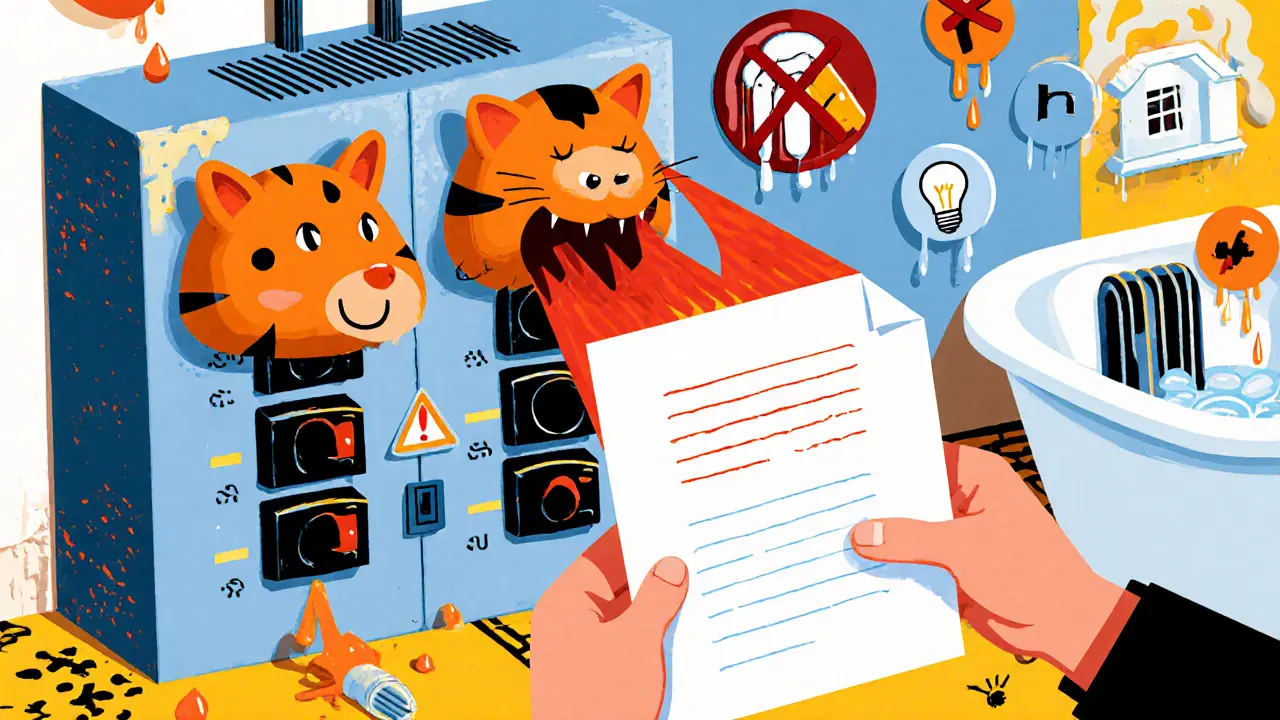 Электрощит с забавными автоматами, лист бумаги к вентиляции, капающая ванна и предупреждающие значки в ярком стиле.