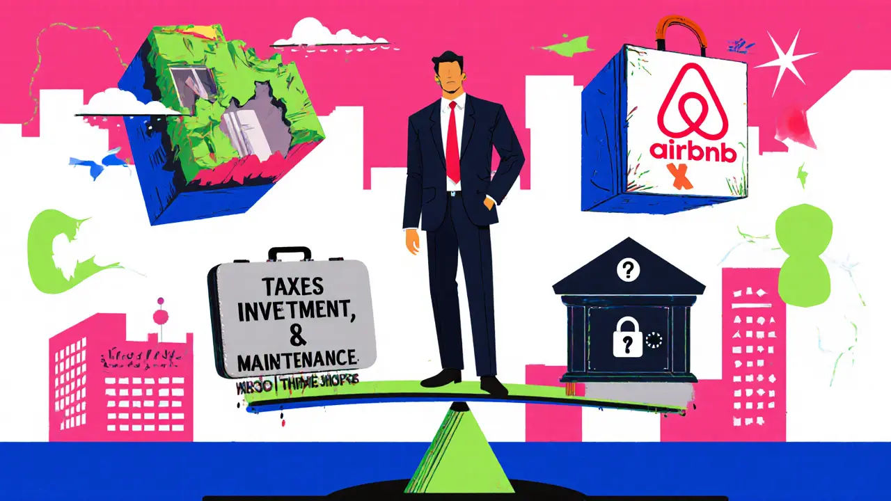 Мужчина на весах с инвестициями и расходами — весы падают, вокруг — символы налогов, ипотеки и Airbnb.