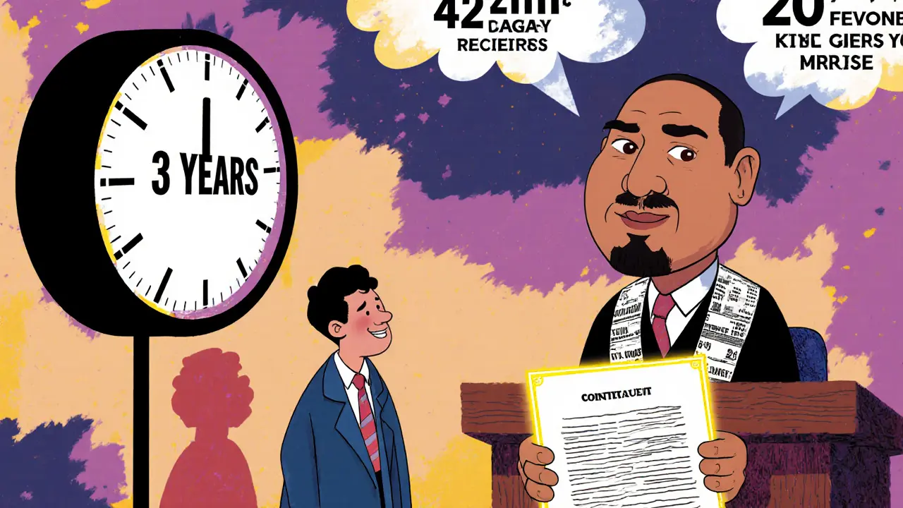 Судебный зал: новый собственник, арендатор и судья в robes из квитанций, над головой цифры и часы.