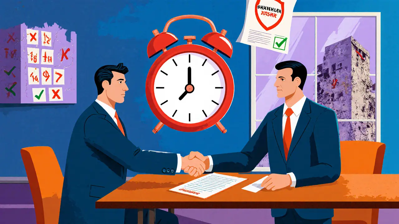 Банковская встреча с часами, сокращающими сроки, и документом &#039;Аккредитив&#039; как щитом, в мемфис-стиле с яркими цветами.