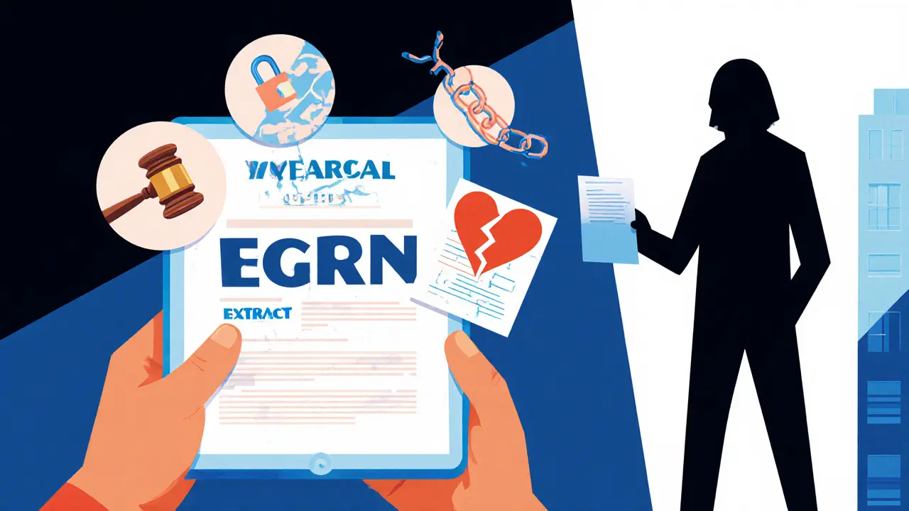 Человек смотрит на экран с выпиской ЕГРН, вокруг — символы прав, суда и мошенничества.