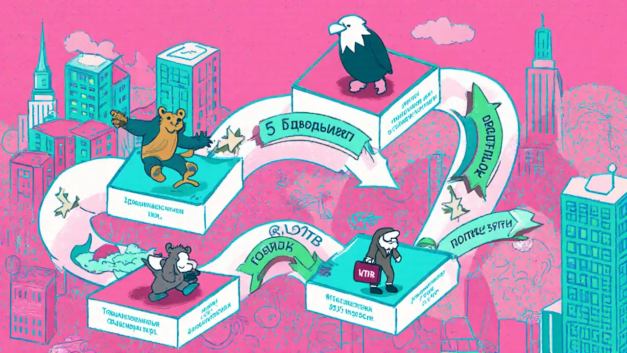 Игровая схема сделки с квартирами в мемфис-стиле: семь шагов в виде ярких геометрических плиток с банками-маскотами.