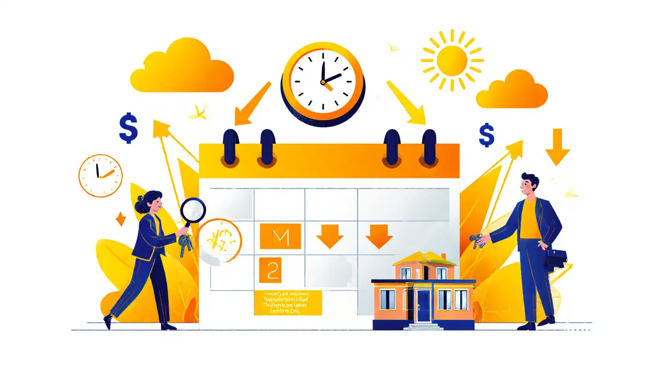 Иллюстрация в стиле мемфис: календарь с сезонами покупки и продажи, стрелки цен и покупатель осматривает модель квартиры.