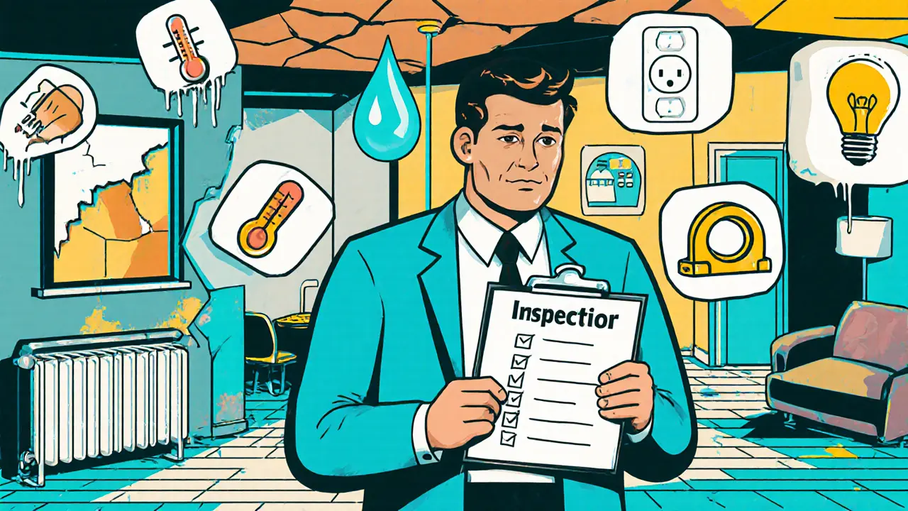 Инспектор проверяет квартиру с помощью иллюстрированных значков в стиле мемфис-дизайна.