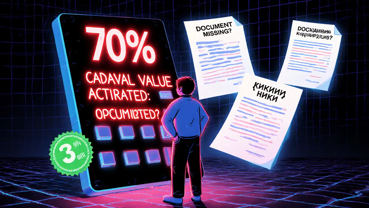 Мемфис-стиль: человек перед калькулятором с предупреждениями о кадастровой стоимости и потерянных документах.