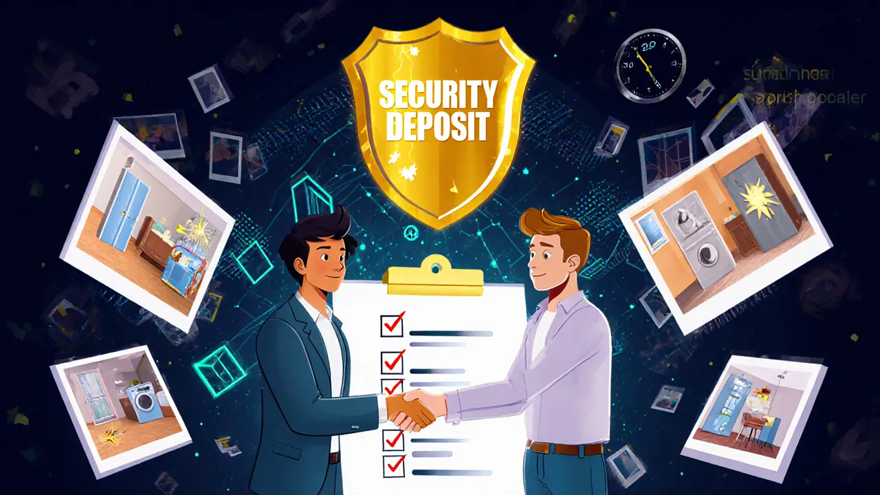 Проверка квартиры: владелец и арендатор подписывают акт, вокруг — изображения техники и блокчейн-фото.