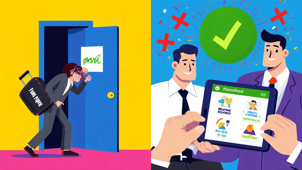 Разделённая сцена: мошенник пытается проникнуть в квартиру, а владелец проверяет данные на планшете.