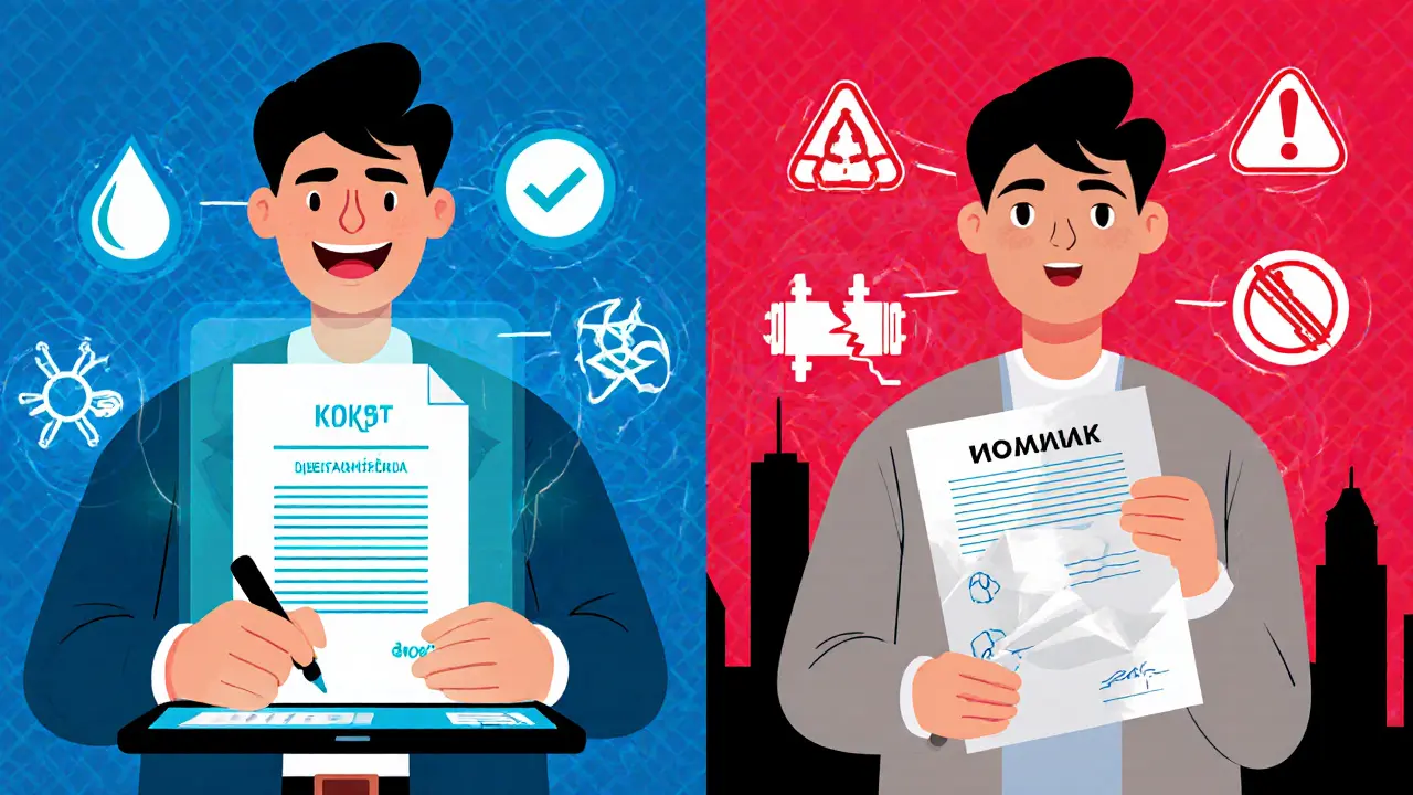 Сравнение электронного и бумажного акта приема-передачи с предупреждающими символами в ярком стиле.