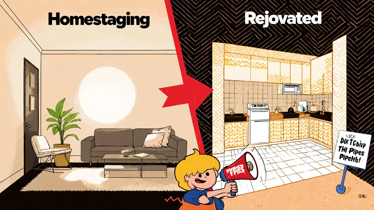 Сравнение хомстеджинга и ремонта: слева — минимализм, справа — полный ремонт, с яркими надписями и геометрическим фоном.