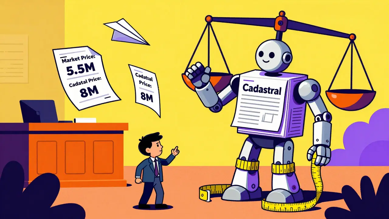 Человек спорит с роботом из налоговых бумаг, рядом — весы с завышенной кадастровой оценкой.