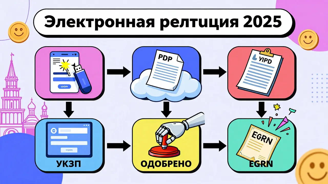 Цветная схема из пяти шагов электронной регистрации квартиры с символами ключа, PDF и одобрения.