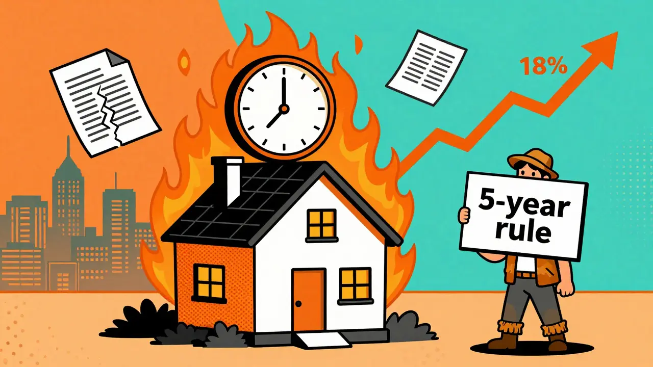 Дом горит, над ним — стрелка роста ставки с 0,1% до 18%, вокруг — город и часы, символизирующие риск потери льготы.
