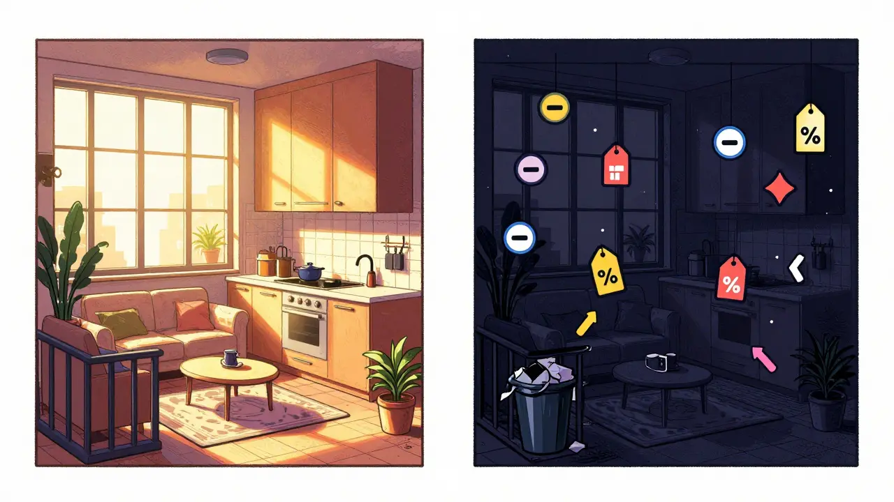 Два одинаковых интерьера: один светлый и уютный на 4 этаже, другой тёмный и захламлённый на первом — с символами плюсов и минусов цены.