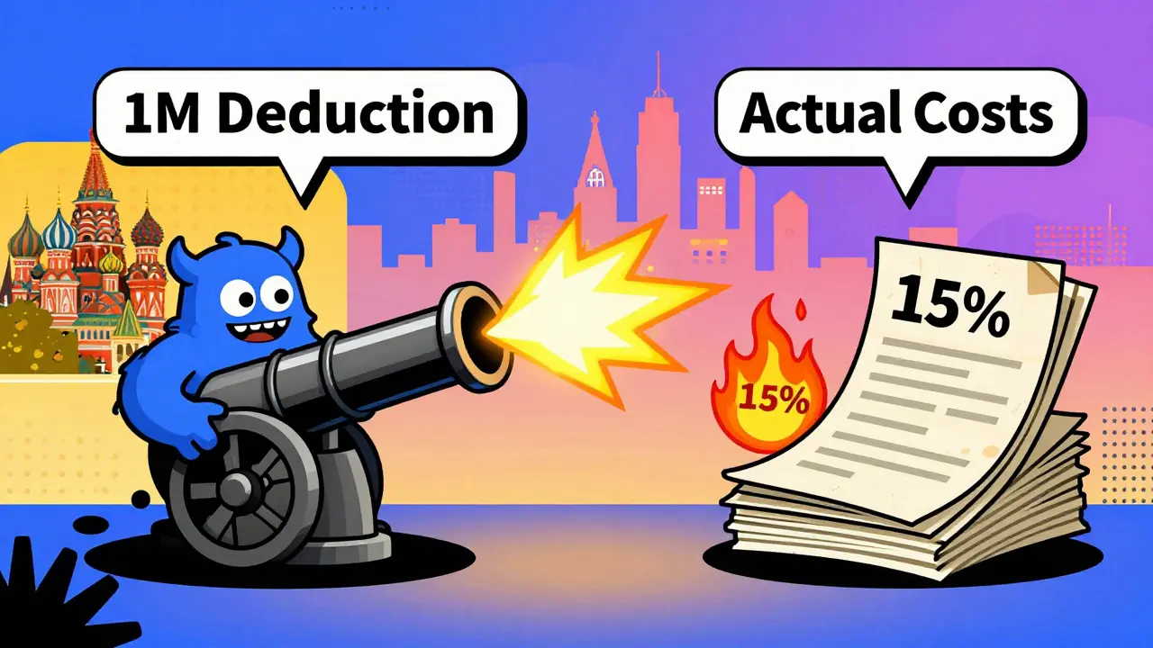 Два пути расчета налога: вычет и расходы, изображенные как сражение в стиле Memphis Design.