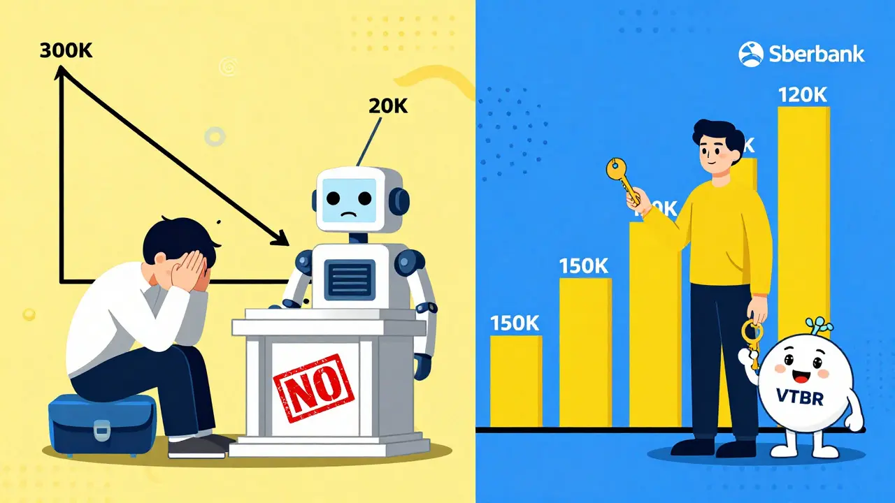 Два сценария: отказ банка слева и одобрение справа, с графиками дохода и мультяшными банками.