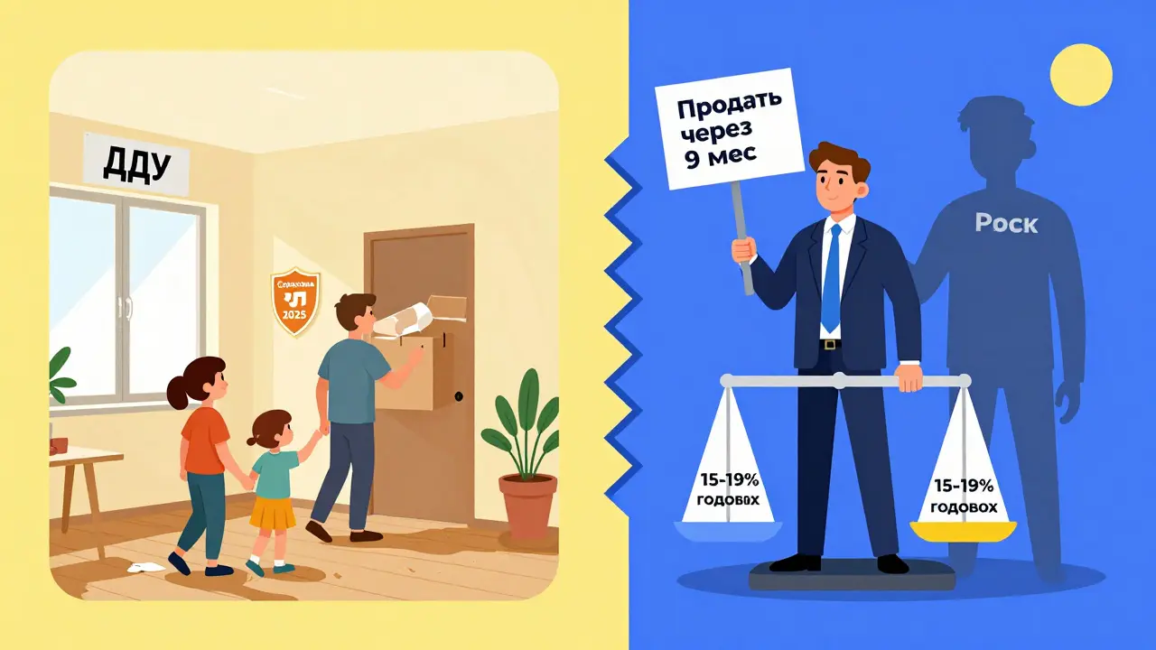 Два сценария: спокойная семья в новой квартире и инвестор с графиком прибыли, разделённые узорами.