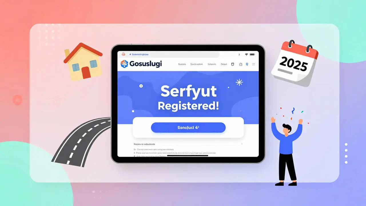 Электронная регистрация сервитута через Госуслуги с анимированными значками успеха.